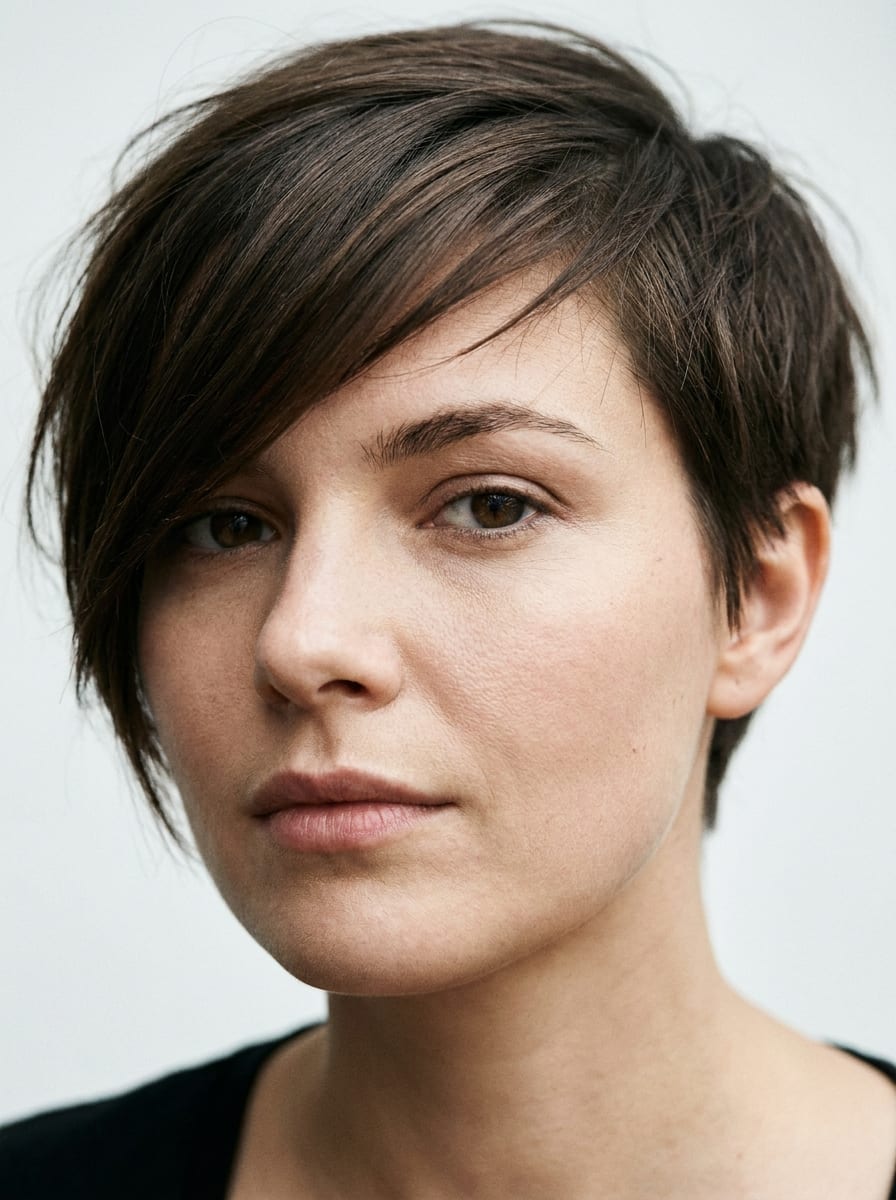 Pixie mit langem diagonalen Pony - Kurzhaarfrisur für rundes Gesicht